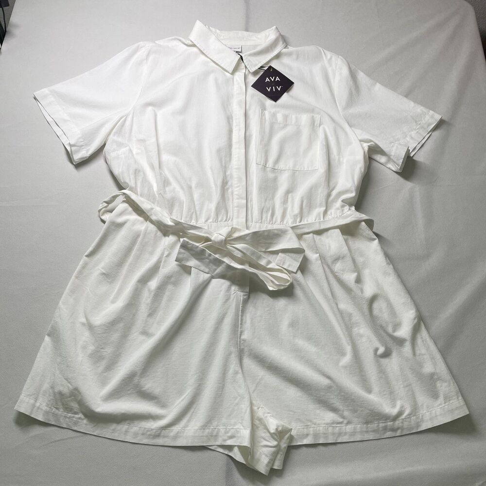 NWT Ava & Viv White Collared Short Sleeve Belted Romper Women Size 2X